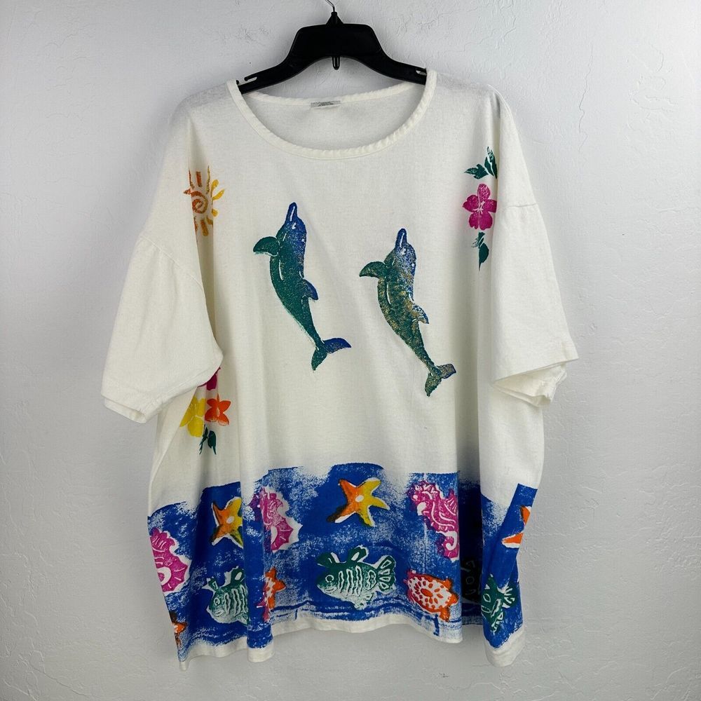 Vintage EZL‎ Top Womens White One Size Cotton Dolphin Beach Painted Art to Wear